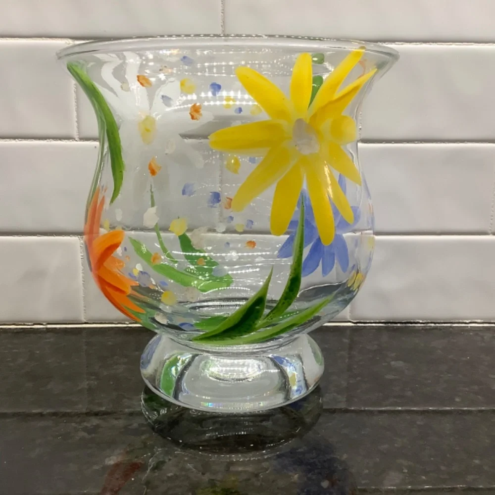 Footed Glass Vase/Candle Holder Hand Painted Floral Italy